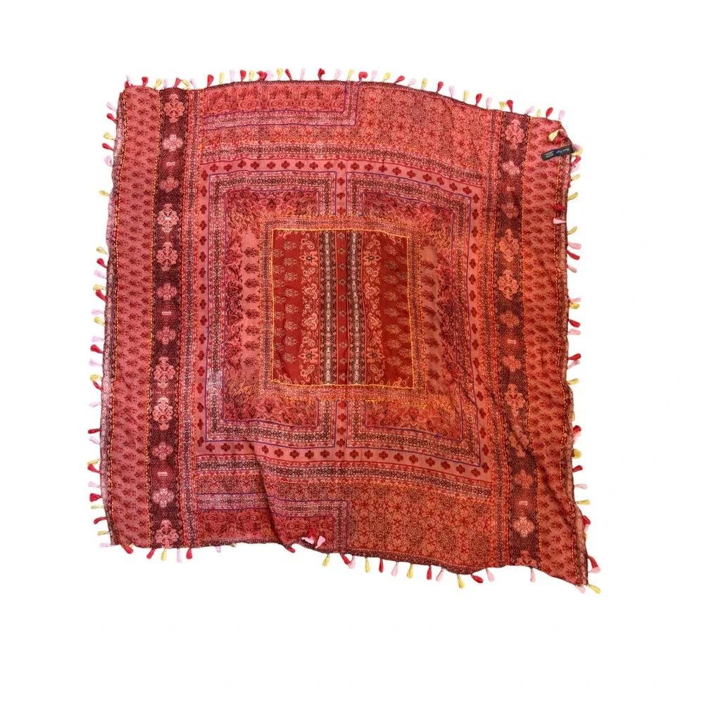 Charlie Paige Red Pink Paisley Cotton Scarf Tassel Trim Boho Square Wrap 38x38